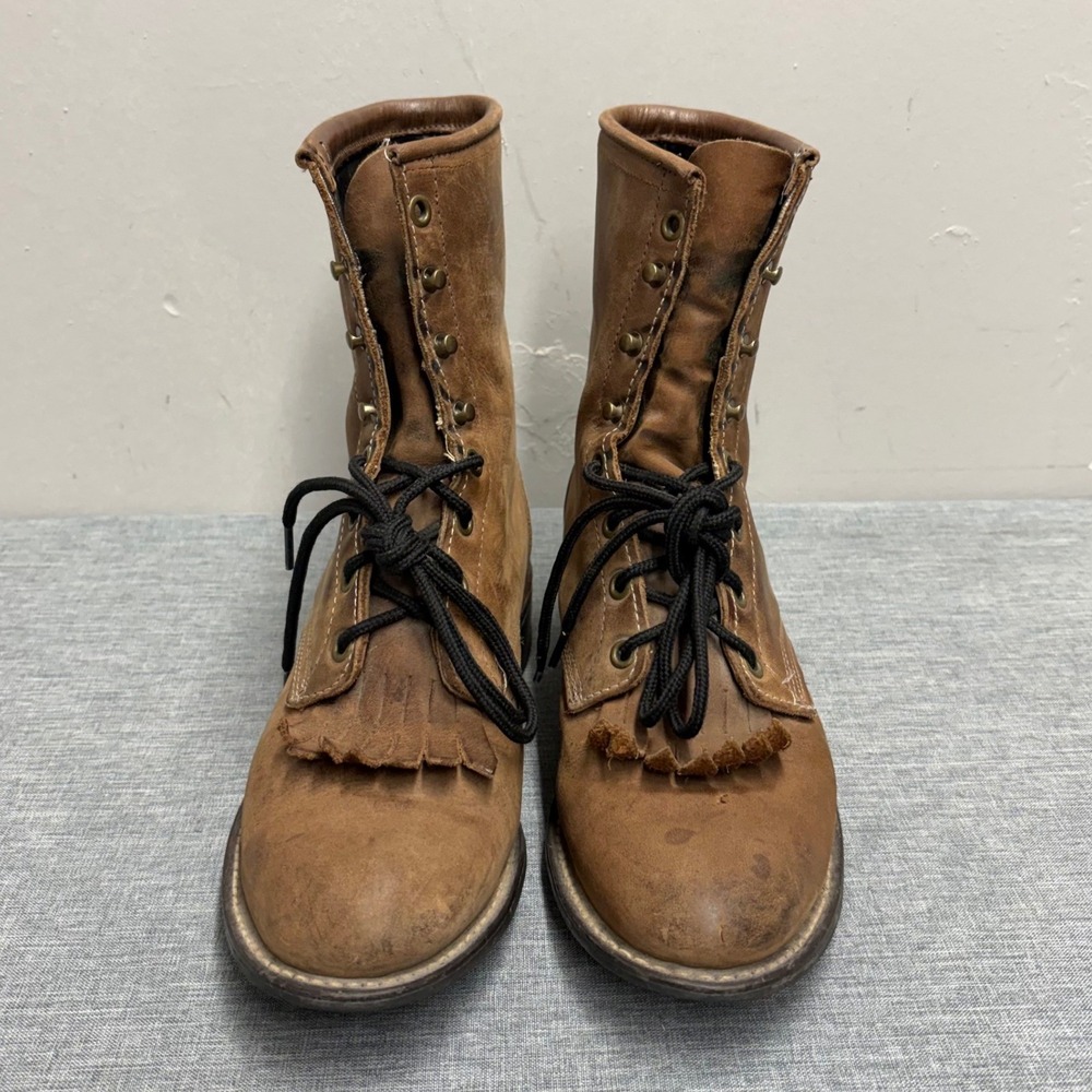 Laredo Packer Boots Women 8.5 M Tan Leather Kiltie Lace Up Western 69011 USA